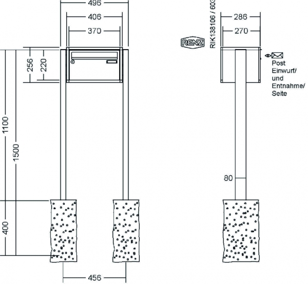 RENZ Briefkastenanlage freistehend, Quadra, Kastenformat 370x220x270mm, 1-teilig, zum Einbetonieren